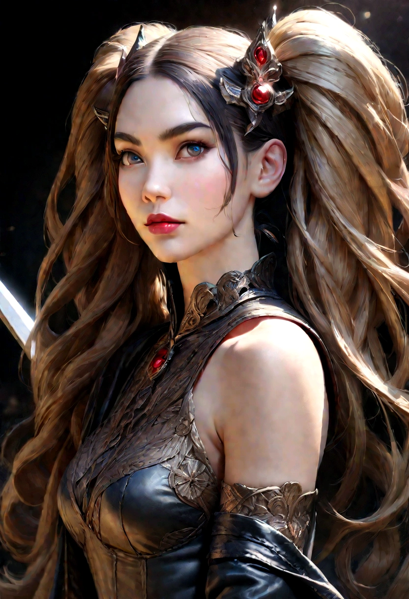 Dark Fantasy, Big Sword, Magical Girl, Gothic, Twin Tails, Realistic, Ultra Detailed, High Definition, Anime, (best quality,4k,8k,highres,masterpiece:1.2),ultra-detailed,(realistic,photorealistic,photo-realistic:1.37),HDR,UHD,studio lighting,ultra-fine painting,sharp focus,physically-based rendering,extreme detail description,professional,vivid colors,bokeh,girl,beautiful detailed eyes,beautiful detailed lips,extremely detailed eyes and face,longeyelashes,dark eyebrows,long hair