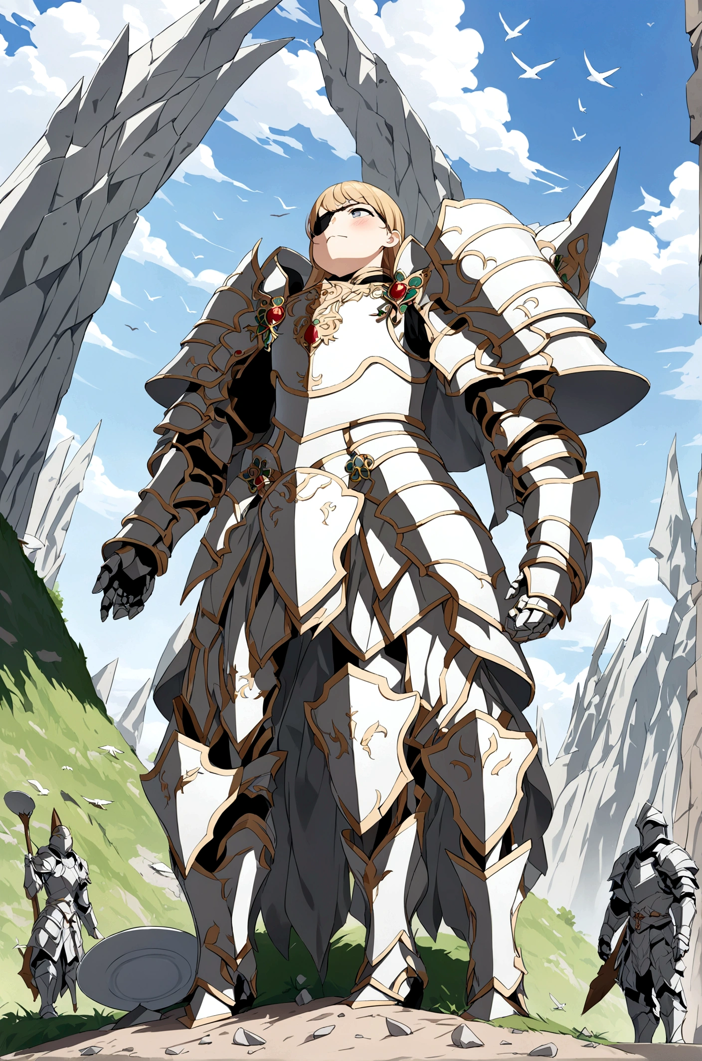 Slim tall girl, stern face expression, standing on steep heel, sunny day, ((wearing plate full armor with ornament)), eyepatch, broken spears in the ground around, birds in sky far away
