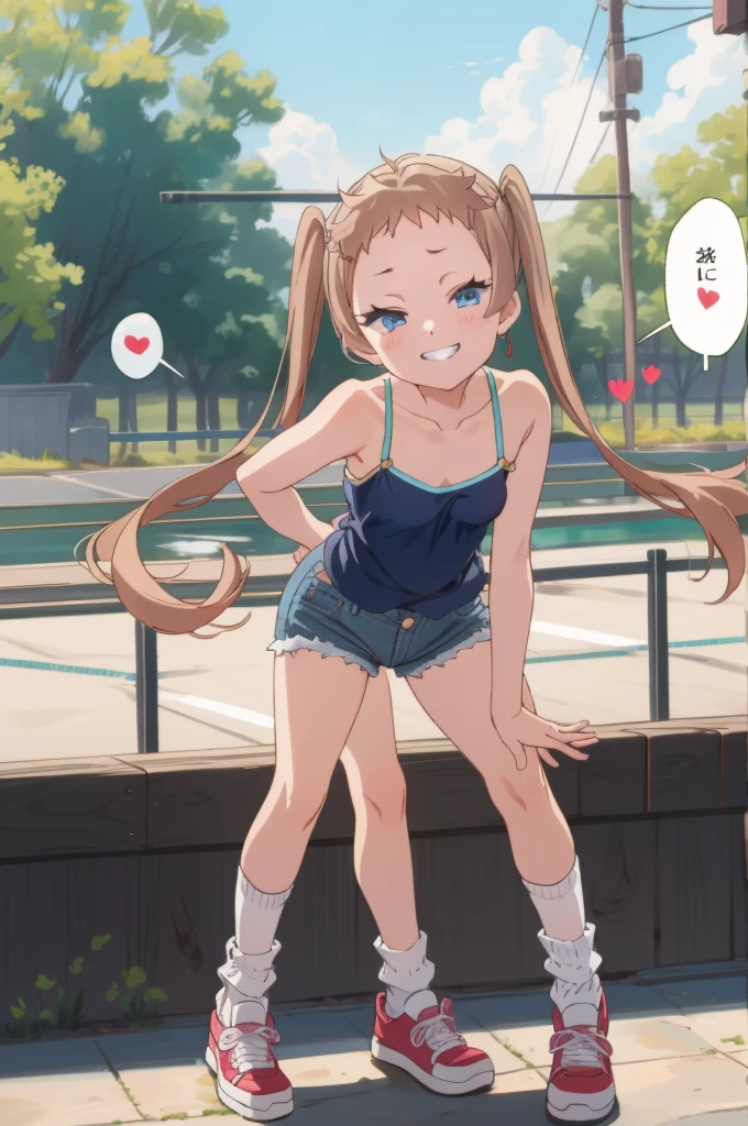 (masterpiece, best quality), intricate details,
 1girl,  sanae dekomori,  speech bubble,,,looking viewer,,spoken heart,6yo,(petite),small breasts,grin,outdoor,camisole,denim shorts,socks,t