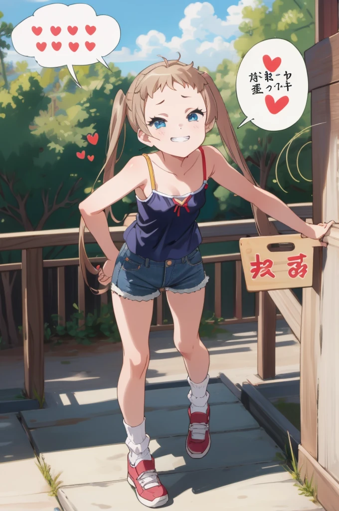 (masterpiece, best quality), intricate details,
 1girl,  sanae dekomori,  speech bubble,,,looking viewer,,spoken heart,***,(petite),small breasts,grin,outdoor,camisole,denim shorts,socks,t