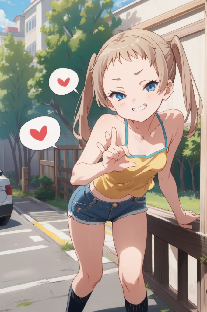 (masterpiece, best quality), intricate details,
 1girl,  sanae dekomori,  speech bubble,,,looking viewer,,spoken heart,***,(petite),small breasts,grin,outdoor,camisole,denim shorts,socks,t