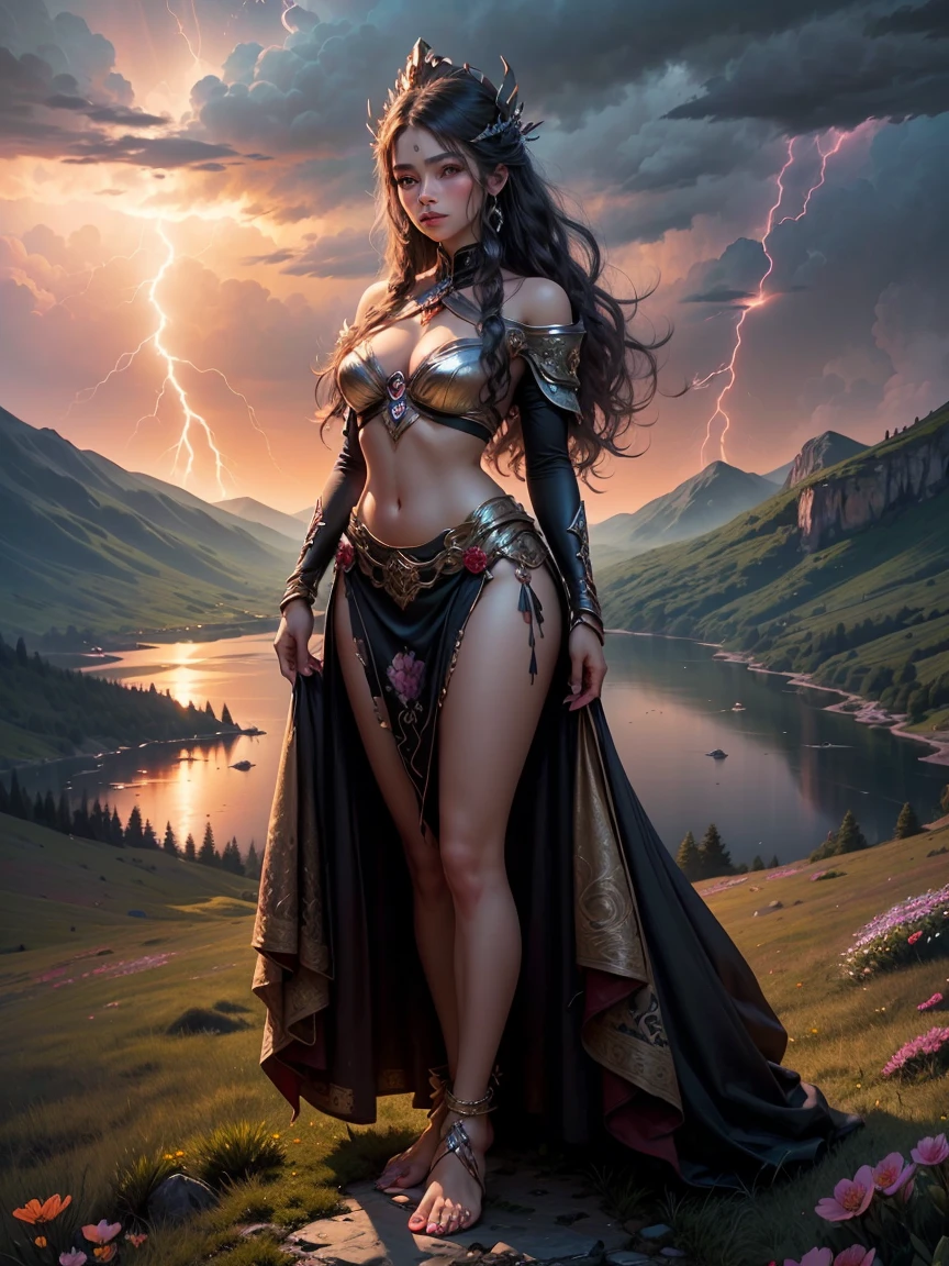 standing woman, female model standing on mountain, EAUTIFUL WOMAN on the mountain, sunset sky, red sunset clouds, sunset, long hair in the wind, eagle feathers, eagle queen, ((goddess ), fantasy, overexposure, perfect eyes, colors metallic, surreal art, full body, bare feet, view of mountainous horizon, lake in the distance, lady in the center of the scene, huge full moon in front of the sun, , ((dark clouds storm with lightning )), lightning strikes, ((light drizzle)), fog in the distance, goddess on top of the mountain, girl standing, ((toenails painted red)), ((flowers on top of the mountain )),