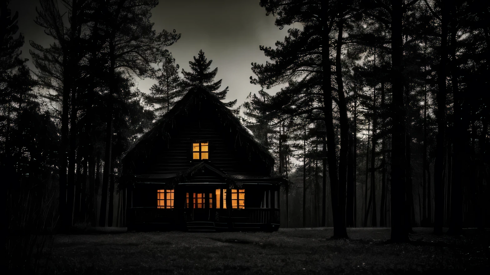A dark, haunting forest with a gingerbread house in the distance, a shadowy figure lurking in the trees, and a sense of impending danger