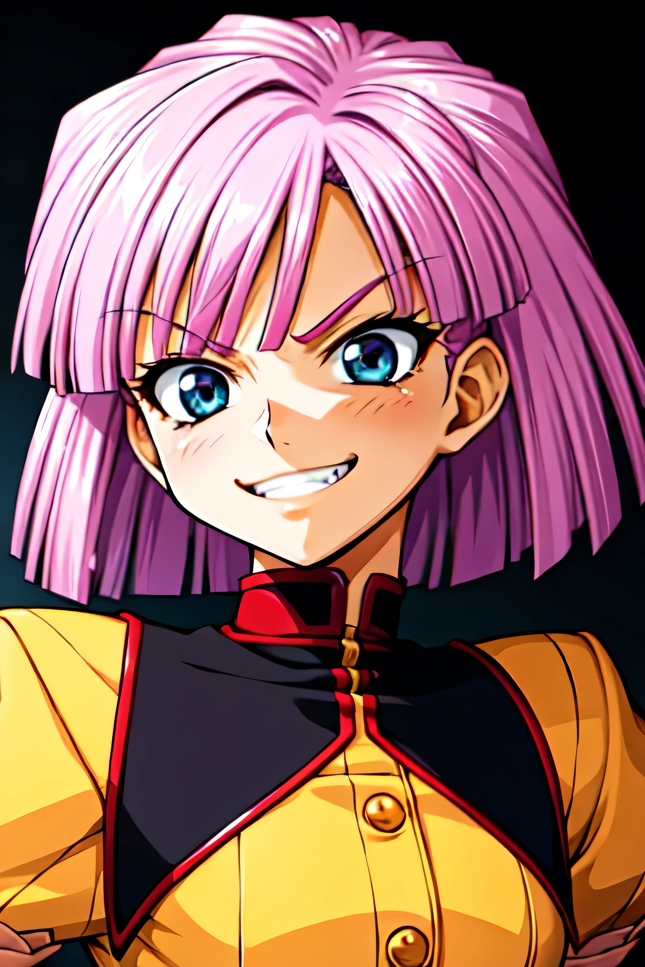 (best_quality 4K, 8K, High resolution, Masterpiece: 1.2), ultra detailed),from_below,(anime_screencap),(1girl,solo),dynamic_angle,too evil_smile,too evil laugh at,tis,deep shaded_face,too sadistic smile,smile worst,,bob short  hair,,,looking at viewer,upper body,black background,too worst smile,too bad smile,too evil smirk,,too sadistic smirk,