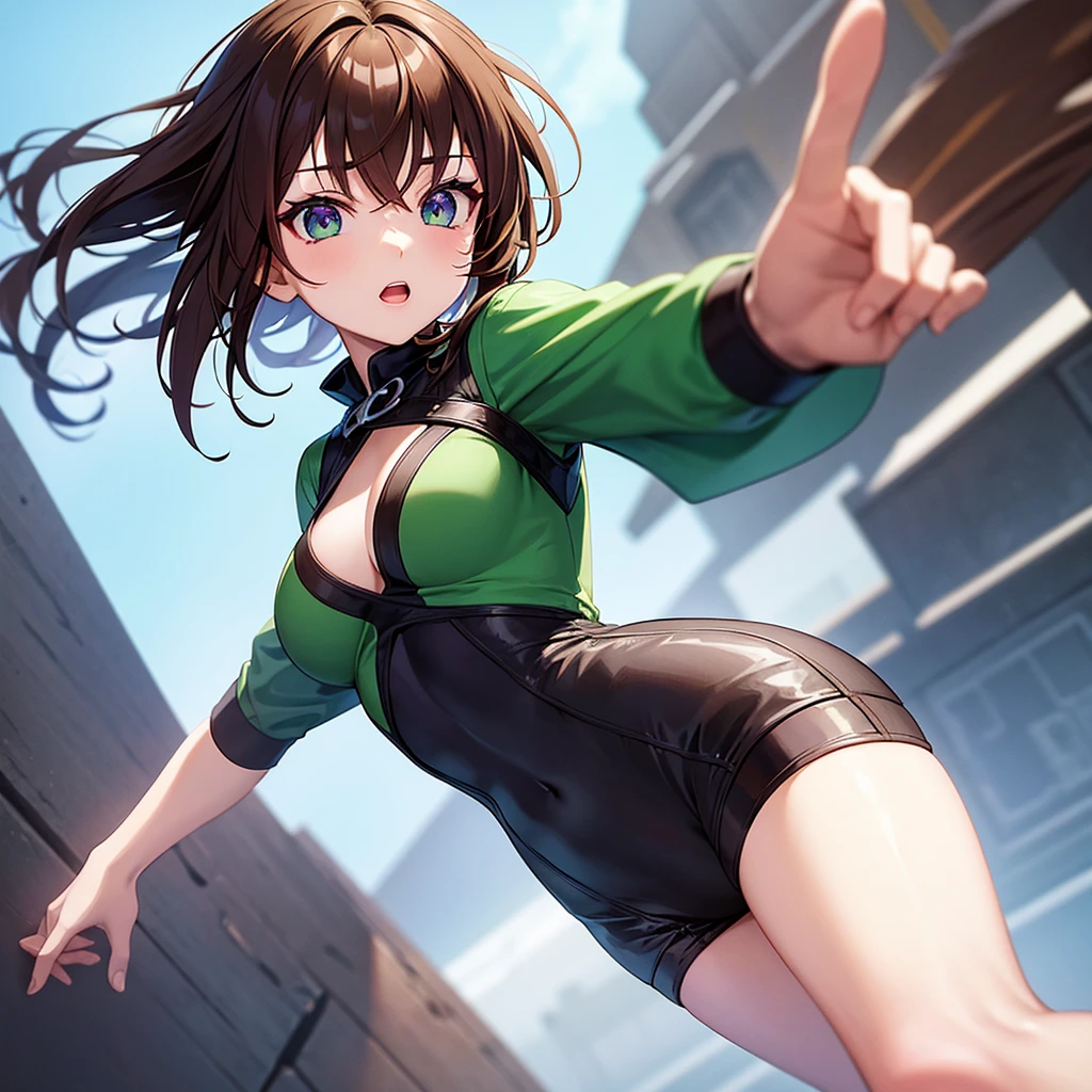 2D anime style woman with brown hair, fringe on the forehead, green left eye and purple right eye