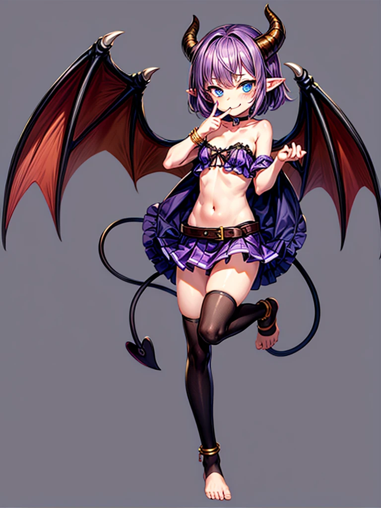 (masterpiece:1.2), (highest quality:1.2), 1girl, solo, horns, tongue, tongue-out, tail, :q, blue-eyes, barefoot, navel, skirt, pointy-ears, purple-hair, demon-girl, blush, short-hair, demon-tai, looking-at-viewer, Gray-background, bare-shoulders, smil, full-body, choker, demon-horns, ribbon, naughty-face, collarbone, jewelry, purple-bow, purple-skirt, midriff, finger-to-mouth, hear, bangs, belt, bow, purple-ribbon, see-through, standin, standing-on-one-leg, bat-wings, flat-chest, ((miniskirt)), closed-mouth, leg-up, purple-wings, anklet, tsurim, purple-choker, hand-up