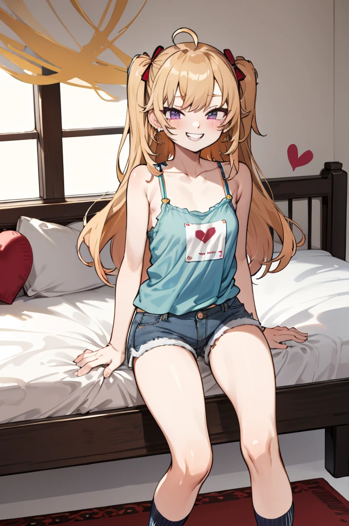 masterpiece, best quality, highres, hmtr, two side up, long hair, ahoge, hair ribbon, red ribbon, earrings,,looking viewer,,spoken heart,6yo,(petite), ,camisole,denim shorts,socks,small breasts, my room,grin