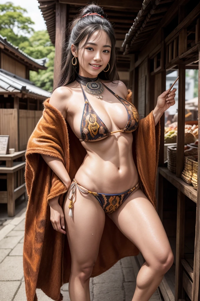 ((maximum quality, full body, hyper-realistic, 8k, high definition, detailed detailed piece)) master piece, a beautiful young indigenous Japanese woman, Ainu, black hair, very hot, horny, full lips, thick thighs, beautiful breasts legull, sweaty, Beautiful eyes, loose hair, wears a bandana on her forehead, Earrings, wears a top made of animal skin, wears a small cape made of animal skin, wears a tribal bikini made of animal skin, barefoot, is standing next to a spice stall, watching, smiling (showing teeth) with a very happy and sweet face, in bustling, ancient feudal Tokyo ((super-detailed background)).