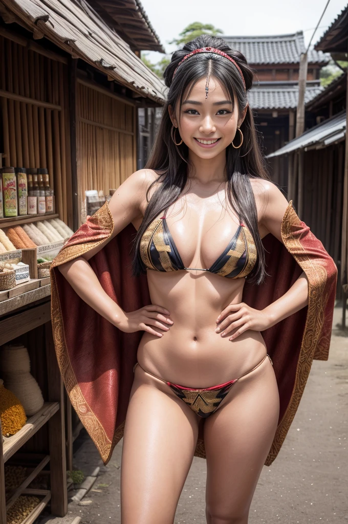 ((maximum quality, full body, hyper-realistic, 8k, high definition, detailed detailed piece)) master piece, a beautiful young indigenous Japanese woman, Ainu, black hair, very hot, horny, full lips, thick thighs, beautiful breasts legull, sweaty, Beautiful eyes, loose hair, wears a bandana on her forehead, Earrings, wears a top made of animal skin, wears a small cape made of animal skin, wears a tribal bikini made of animal skin, barefoot, is standing next to a spice stall, watching, smiling (showing teeth) with a very happy and sweet face, in bustling, ancient feudal Tokyo ((super-detailed background)).