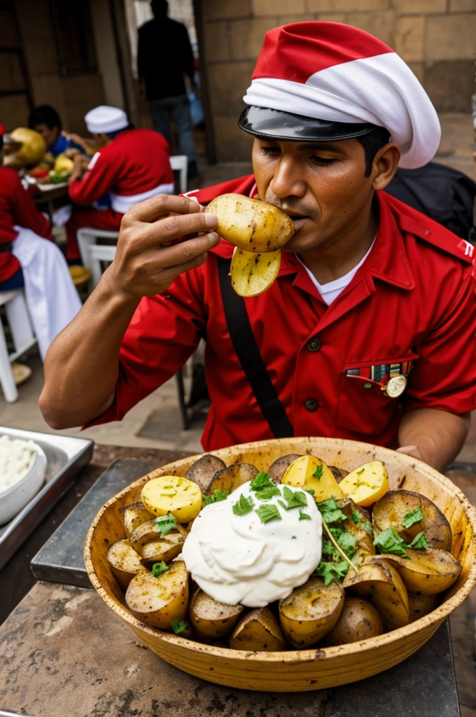 Peruvian soldier eating Peruvian stuffed potato