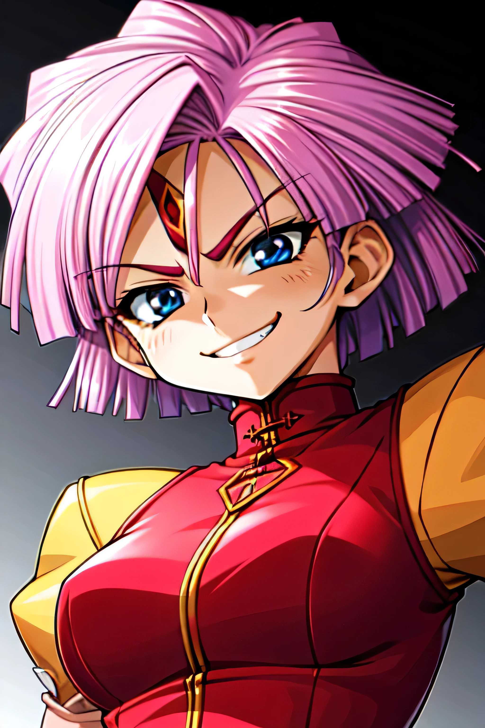 (best_quality 4K, 8K, High resolution, Masterpiece: 1.2), ultra detailed),from_below,(anime_screencap),(1girl,solo),dynamic_angle,too evil_smile,too evil laugh at,tis,deep shaded_face,too sadistic smile,smile worst,,bob short  hair,,,looking at viewer,upper body,black background,too worst smile,too bad smile,too evil smirk,,too sadistic smirk,