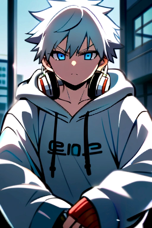 Anime Male Age 18 Wearing White Hoodie With FIN Writing, Wearing Sneakers, White Hair, Headphones On Neck,