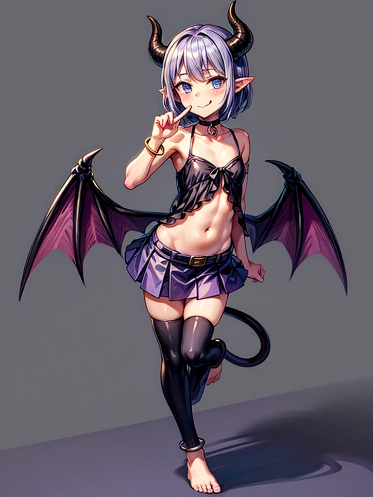 (masterpiece:1.2), (highest quality:1.2), 1girl, solo, horns, tongue, tongue-out, tail, :q, blue-eyes, barefoot, navel, skirt, pointy-ears, purple-hair, demon-girl, blush, short-hair, demon-tai, looking-at-viewer, Gray-background, bare-shoulders, smil, full-body, choker, demon-horns, ribbon, naughty-face, collarbone, jewelry, purple-bow, purple-skirt, midriff, finger-to-mouth, hear, bangs, belt, bow, purple-ribbon, see-through, standin, standing-on-one-leg, bat-wings, flat-chest, ((miniskirt)), closed-mouth, leg-up, purple-wings, anklet, tsurim, purple-choker, hand-up