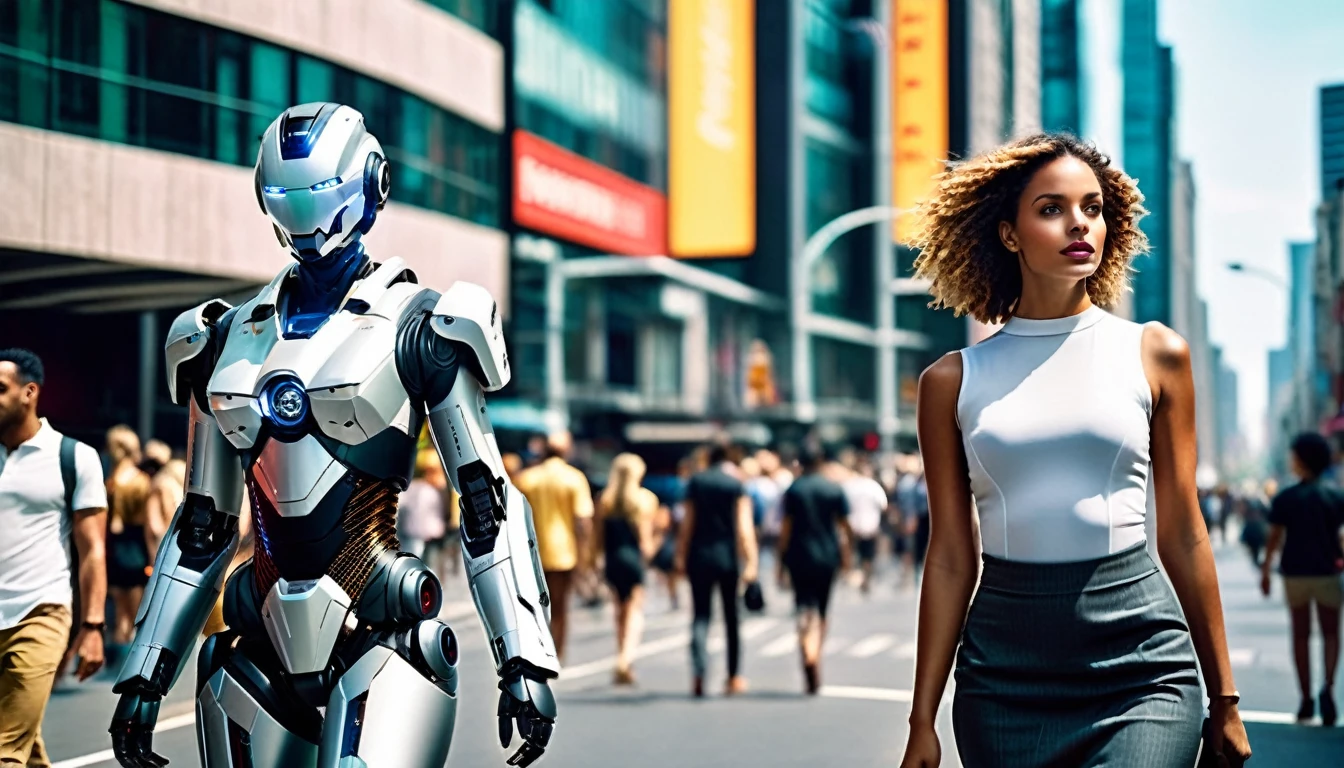 Middle ground camera view of many kind of beautiful females and humanoid cyborg robots ((Complex Robot))) walking on the street of a megacity. The stunning females wearing very short dresses and deep cleavaged futuristic fashion clothes in many different colors from the light pastel to a vivid and fluorescent colors,.They are walking in a pedestrian street in a megacity at morning time. Males are wearing suits or t-shirt with blue jeans, The people have photorealistic faces and bodies, intricate detailed facial features, perfect eyes and mouthes and skins with real human hands and highly detailed hair blown in the wind, rule of thirds.Different styled buildings cover the side of the futuristic street, the natural light of the sun illuminates at daytime. Bustling megacity with many skyscrapers in the background, Natural lights, neutral colors, lomochrome, vintage color tones, dramatic, dynamic composition.Lifelike textures, sharp focus, depth of field, cinematic lighting, Contrast lighting, volumetric lighting, best shadows,Realism, Cinematic, Photoreal, 35mm film, Screengrab a Super Panavision film, in color. best quality , hdr, uhd, 8k, analog camera shot.