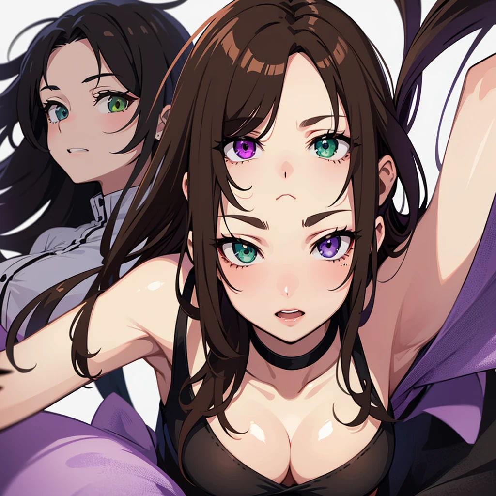 2D anime style woman with brown hair, fringe on the forehead, green left eye and purple right eye, has heterochromia
