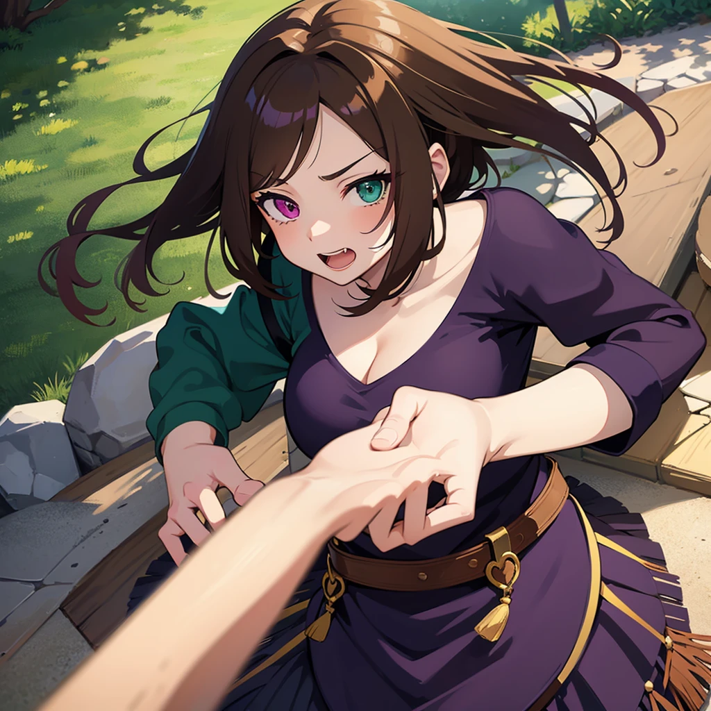 2D anime style woman with brown hair, fringe on the forehead, green left eye and purple right eye, has heterochromia
