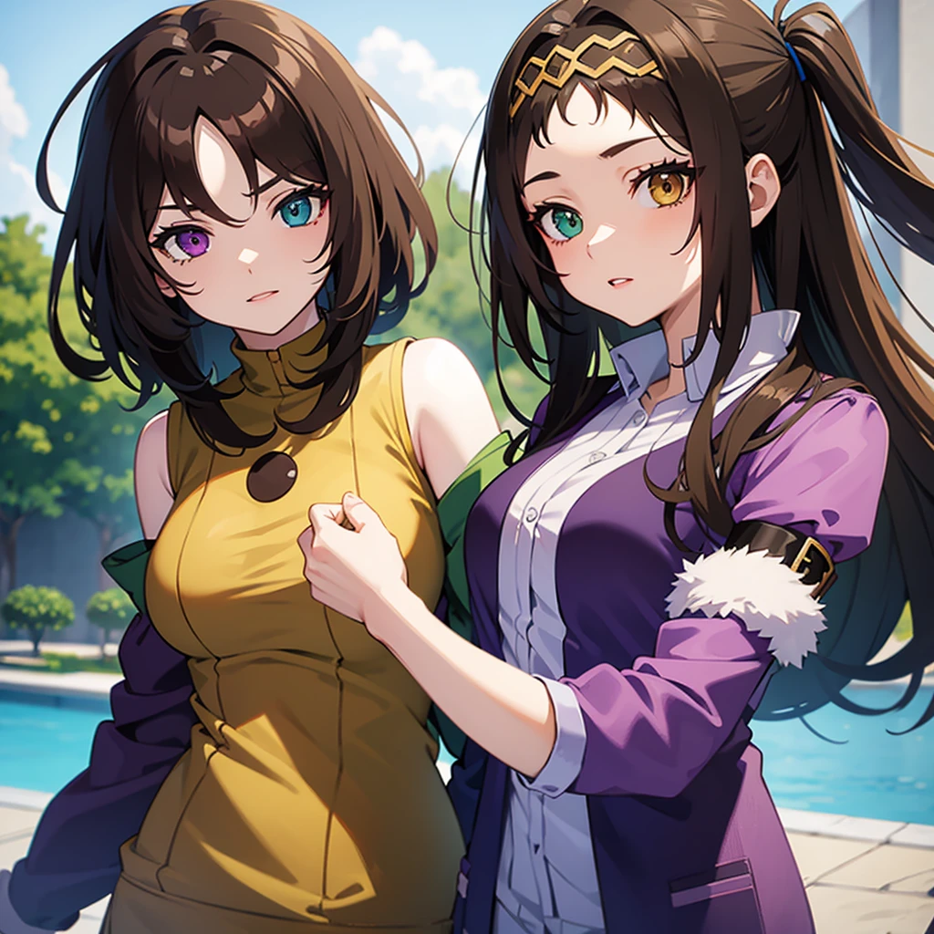 2D anime style woman with brown hair, fringe on the forehead, green left eye and purple right eye, has heterochromia