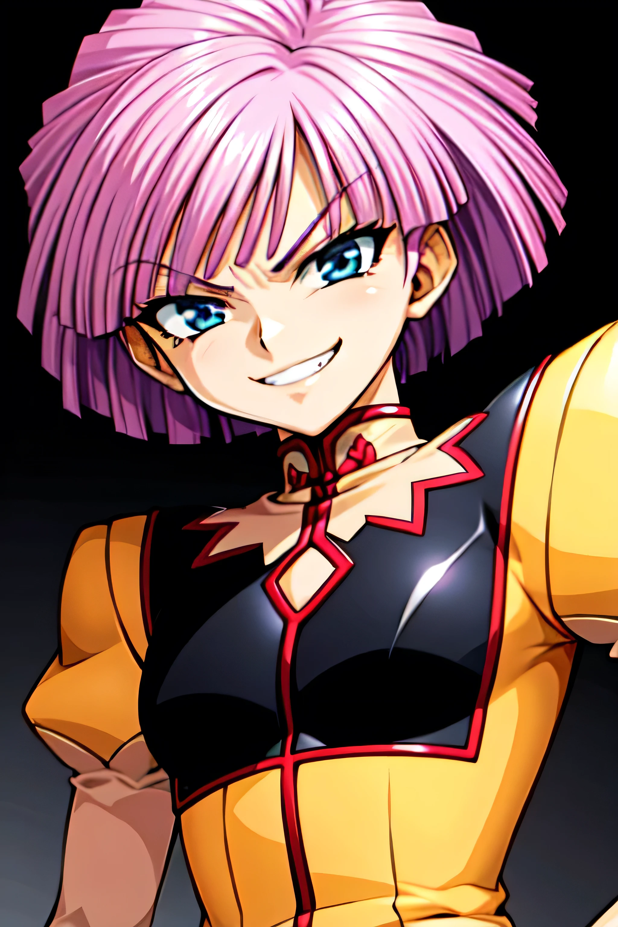 (best_quality 4K, 8K, High resolution, Masterpiece: 1.2), ultra detailed),from_below,(anime_screencap),(1girl,solo),dynamic_angle,too evil_smile,too evil laugh at,tis,deep shaded_face,too sadistic smile,smile worst,,bob short hair,,,looking at viewer,upper body,black background,too worst smile,too bad smile,too evil smirk,,too sadistic smirk,