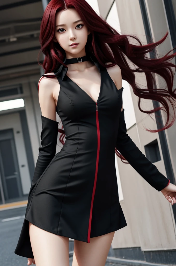 female anime character, super long wavy black and red hair, black dress with opening on the chest, slanted eyes, pointy ears, thin torso wide legs, my hero academia style
