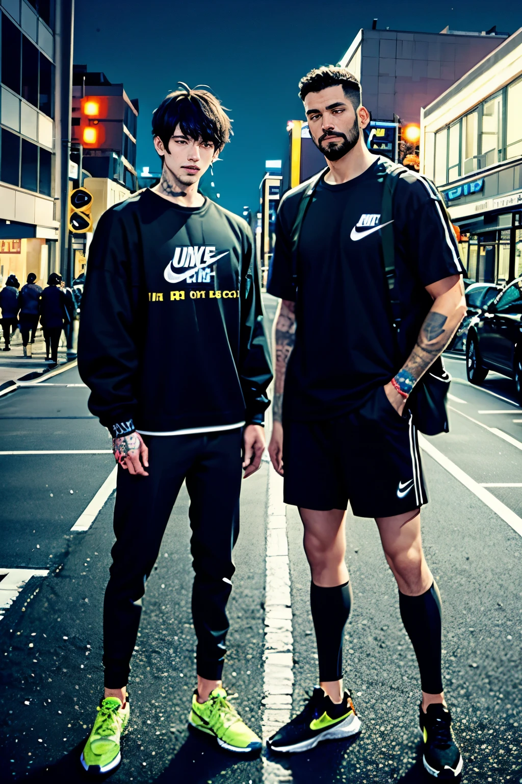 2 young men . The first man is short, spanic, has only the right arm full of tattoos, has a bowl hair cut, flat black hair, and a short beard. The second is taller, is caucasian, has a military hair cut, and a thin mustache, has no tattos. Both of them are wearing nike sneakers, and street wear clothing. urban night life.