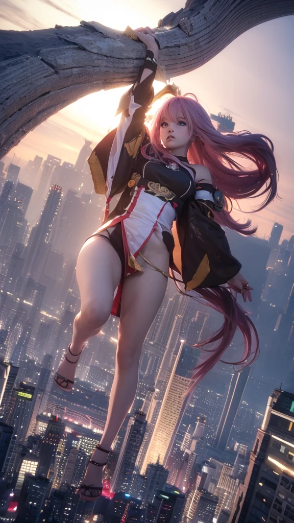 The giant girl wields a and destroys the city,Girl sitting on a building,A giant woman in a lying on top of a cyberpunk city, Wear short skirts,Little guys running around the giant girl,The little person panicked and ran away,Many cars pass by, Standing on her hand, cgsociety 9, 2. 5 d cgi fantasy art, engine rendering unreal + a goddess, full body cgsociety, artgerm ; Hyper realistic 3d content, giant art, super detailed 3d matte paintings, super detailed 3d matte paintings, realistic fantasy art, realistic 3 d anime style. Beautiful girl. Big thighs."The boy stood on the top of a high-rise building waving to the girl". Color ultra 4k.The little person panicked and ran away.Giant attack.