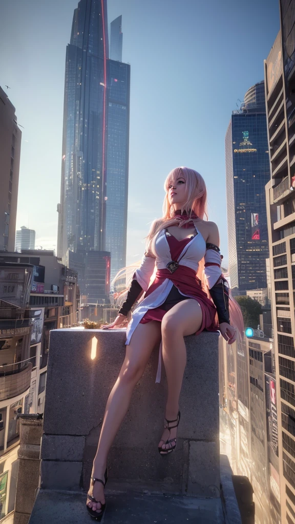 The giant girl wields a and destroys the city,Girl sitting on a building,A giant woman in a lying on top of a cyberpunk city, Wear short skirts,Little guys running around the giant girl,The little person panicked and ran away,Many cars pass by, Standing on her hand, cgsociety 9, 2. 5 d cgi fantasy art, engine rendering unreal + a goddess, full body cgsociety, artgerm ; Hyper realistic 3d content, giant art, super detailed 3d matte paintings, super detailed 3d matte paintings, realistic fantasy art, realistic 3 d anime style. Beautiful girl. Big thighs."The boy stood on the top of a high-rise building waving to the girl". Color ultra 4k.The little person panicked and ran away.Giant attack.
