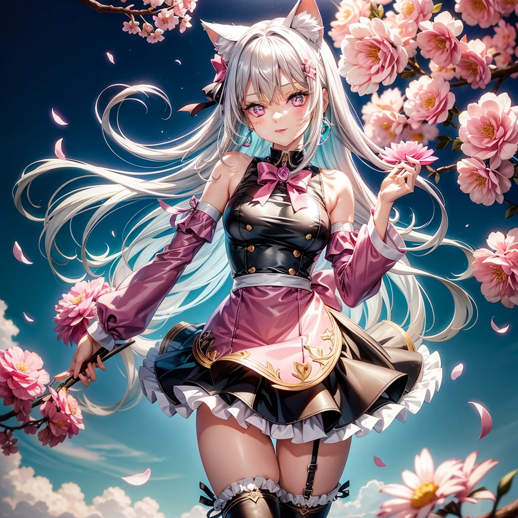 Silver hair, pink eyes, body, cat ears, adult girl, earrings, flower sky background, teal pink gold uniform, hair bows, happy face, thigh up, looking at viewer