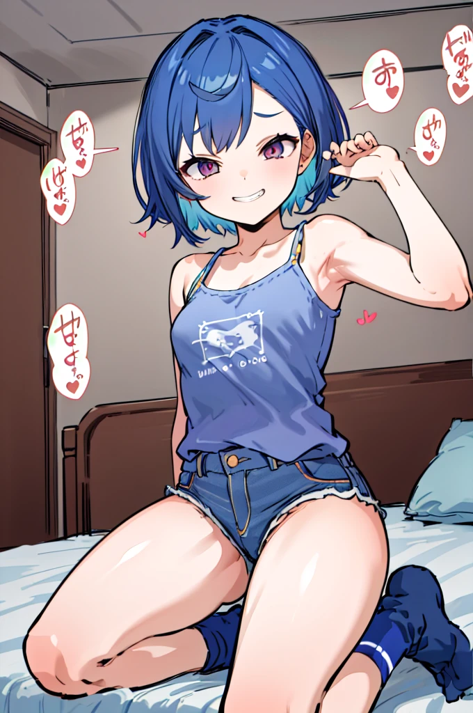 masterpeace, best quality, highres, 1girl, solo, blue hair, ,looking viewer,,spoken heart,6yo,(ite), ,camisole,denim shorts,socks,expressionless,small breasts, my room,grin,nsfw