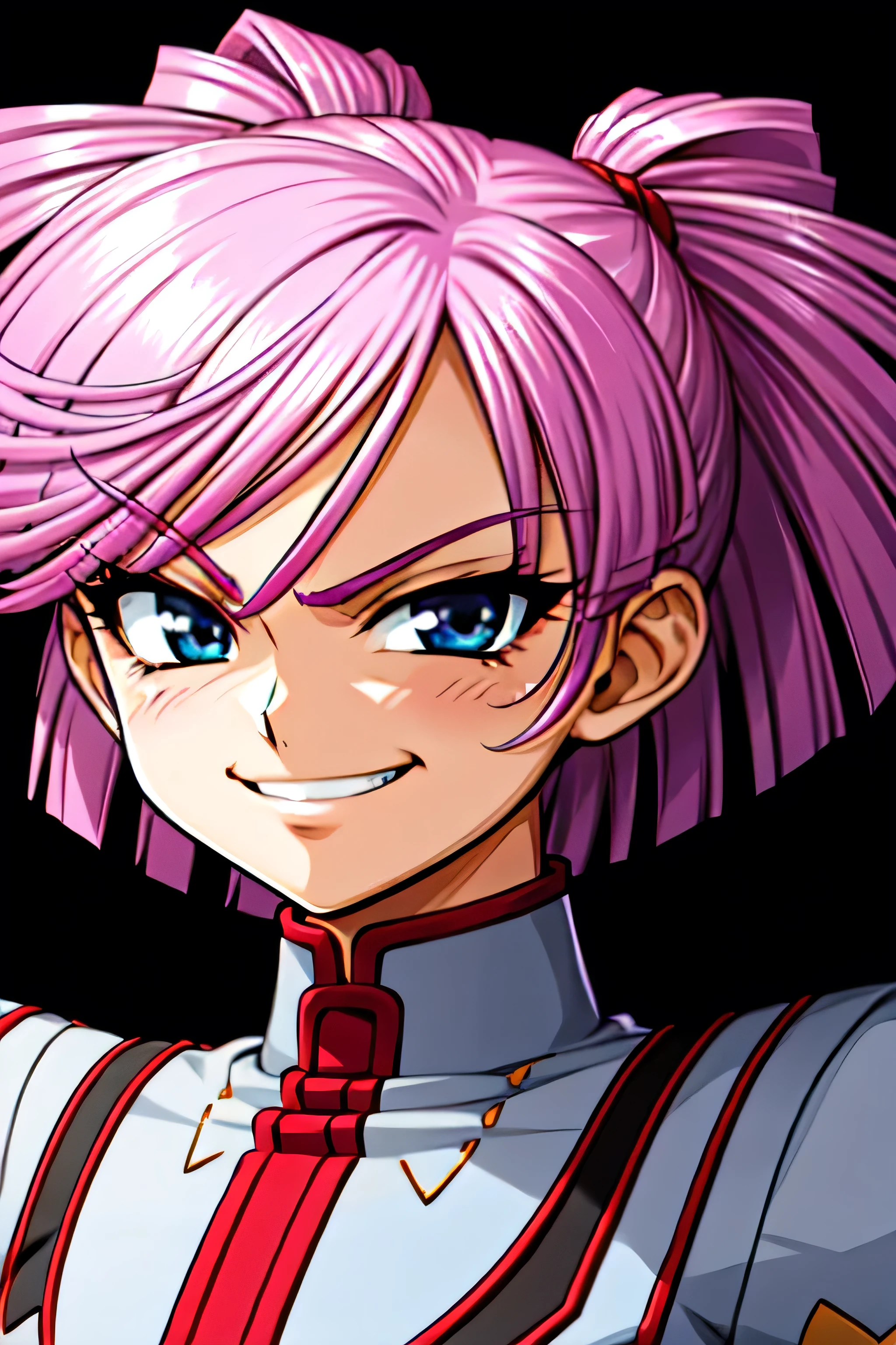 (best_quality 4K, 8K, High resolution, Masterpiece: 1.2), ultra detailed),from_below,(anime_screencap),(1girl,solo),dynamic_angle,too evil_smile,too evil laugh at,tis,deep shaded_face,too sadistic smile,smile worst,,bob short hair,,,looking at viewer,upper body,black background,too worst smile,too bad smile,too evil smirk,,too sadistic smirk,