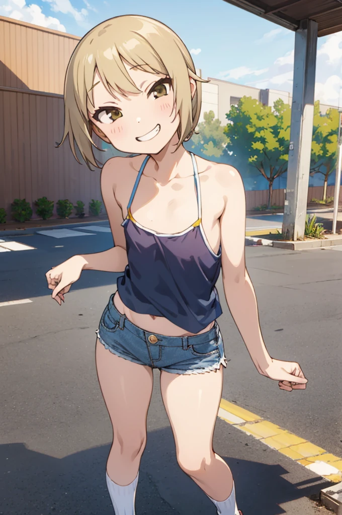 1girl, solo, detailed face, , , long hair,,,outdoor,standing,looking viewer,side ponytail,small breasts,,(((,gyaru))),nsfw,,,,grin,earring,camisole,denim short,navel