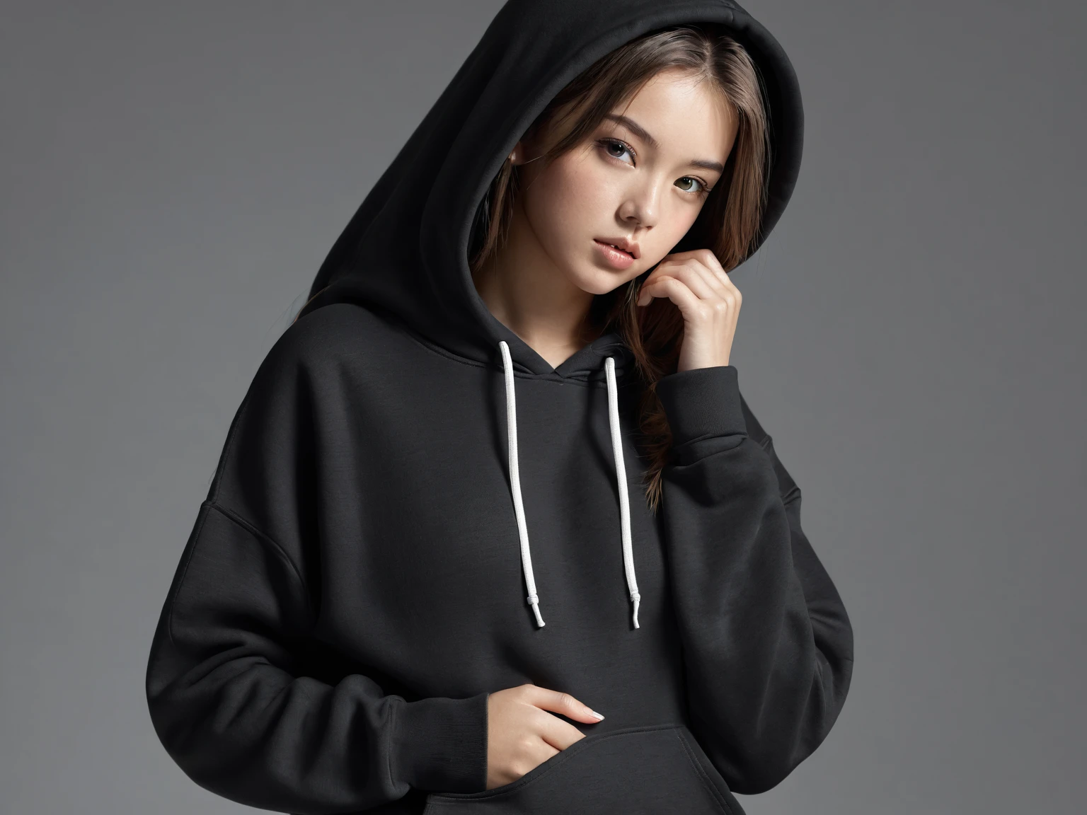 1 girl, black hoodie, model pose, photorealistic, beautiful 