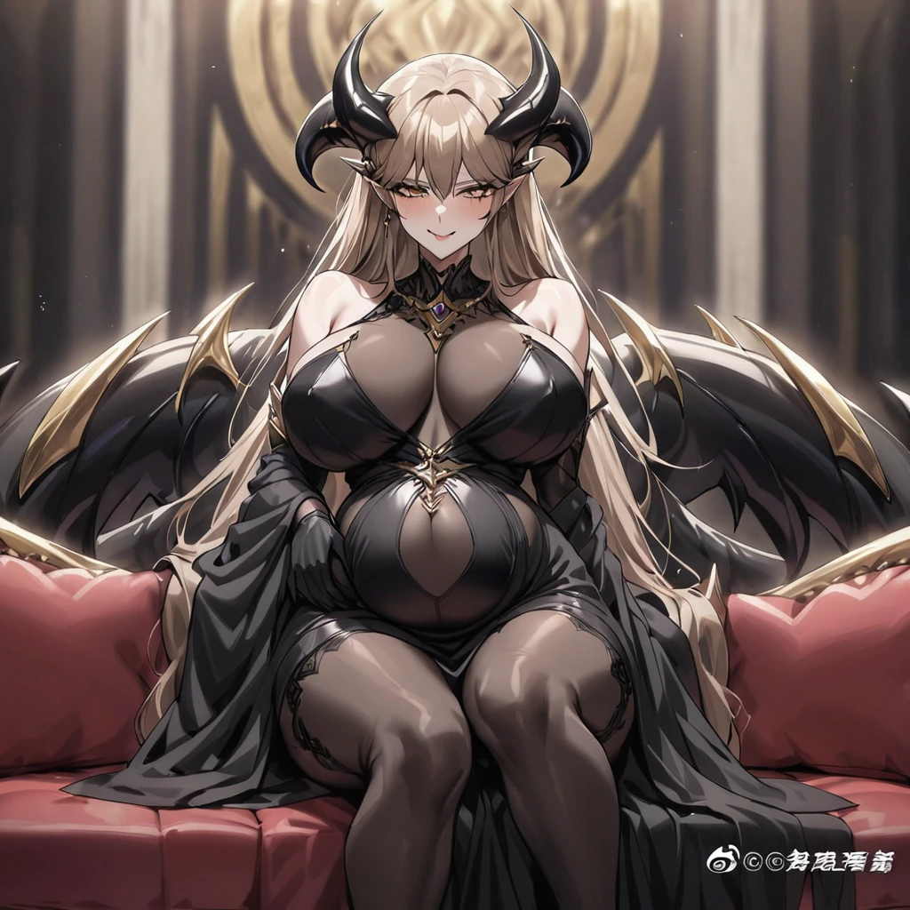 ((Highest quality)), ((masterpiece)), (detailed), (Perfect Face)、The woman is a jet-black devil、The woman is a jet-black female demon with magnificent demon horns and a jet-black tail, her skin is the same black as the Demon King, and she is wearing a seductive and luxurious jet-black dress of the Demon Queen. Her name is Princess Leona, a jet-black demon with medium-long light brown hair. The man and woman are cuddling happily on a large sofa.、The woman is sitting happily on a large sofa, snuggled up to her beloved husband, the powerful demon king.、A strong demon king is sitting on a large sofa in front of a luxurious demon altar, embracing his wife, the demon queen Leona.、the woman is pregnant