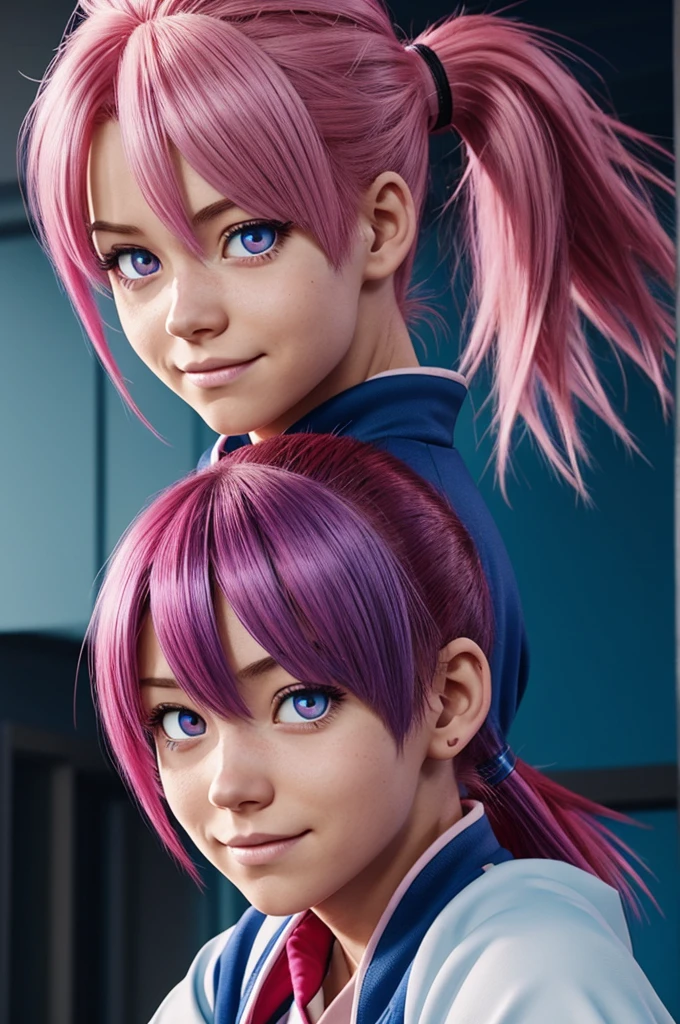 Screenshot My hero Academia.
Girl with pink hair with blue gradient gathered in a ponytail and messy bangs, crimson red eyes and a proud expression. He is wearing the UA uniform and in the background he has a UA class.