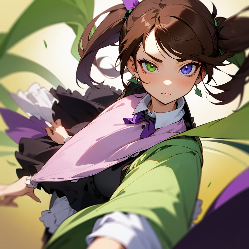 2D anime style woman with brown hair, fringe on the forehead, green left eye and purple right eye, she has heterochromia and wears lolita style clothes