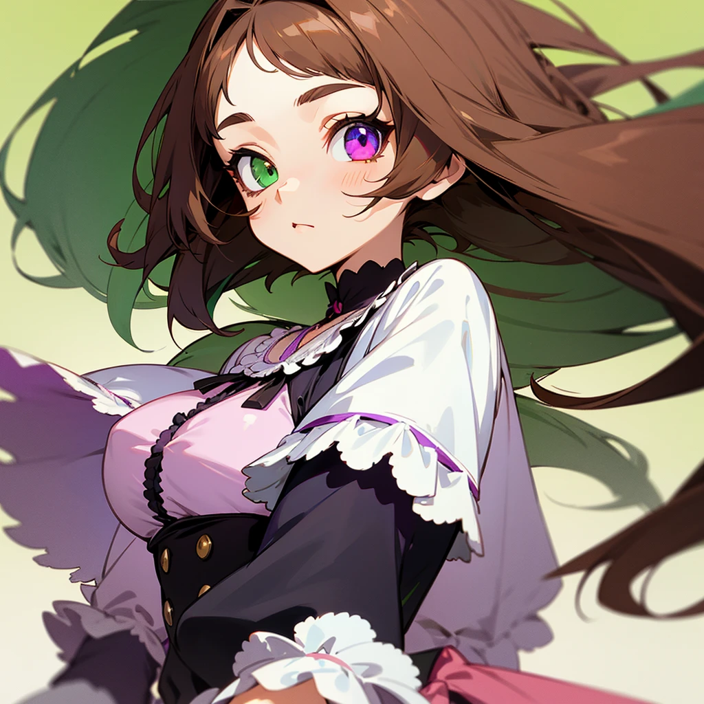 2D anime style woman with brown hair, fringe on the forehead, green left eye and purple right eye, she has heterochromia and wears lolita style clothes