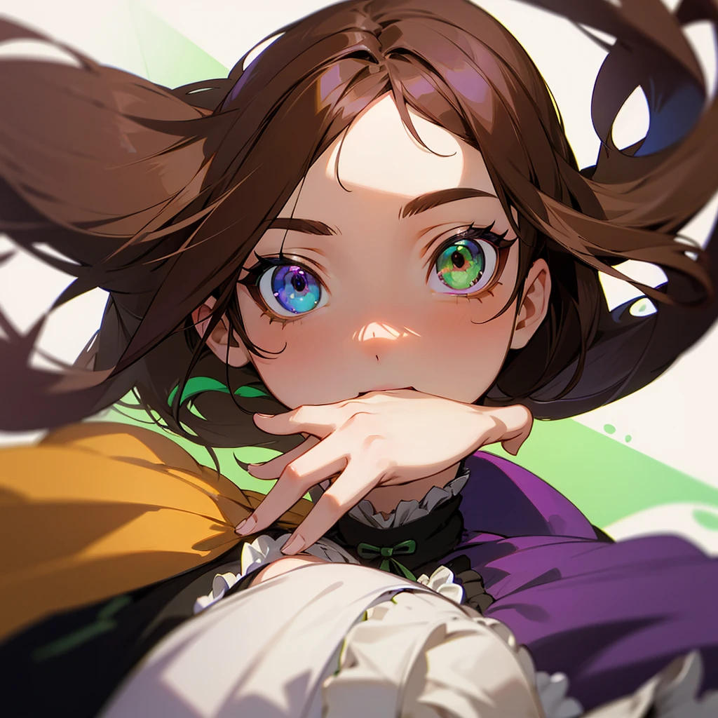 2D anime style woman with brown hair, fringe on the forehead, green left eye and purple right eye, she has heterochromia and wears lolita style clothes
