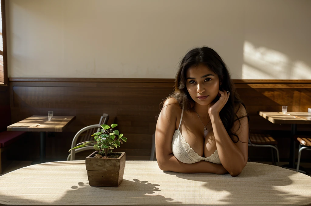 masterpiece,best quality,(photorealistic:1.4),age indian girl sitting across the table, sit up straight, dress in cute sundress, big tits, clevage, slightly curvy and chubby, (looking at viewer:1.2), French twist,smile,(from front and facing viewer:1.2), late afternoon, global illumination, (breasts rest on table:1.3), upper body, (diffused lighting:1.3), (bright natural lighting:1.3), no harsh shadow on face, inside a restaurant