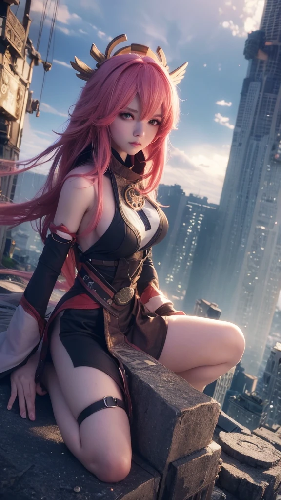 The giant girl wields a and destroys the city,Girl sitting on a building,A giant woman in a lying on top of a cyberpunk city, Wear short skirts,Little guys running around the giant girl,The little person panicked and ran away,Many cars pass by, Standing on her hand, cgsociety 9, 2. 5 d cgi fantasy art, engine rendering unreal + a goddess, full body cgsociety, artgerm ; Hyper realistic 3d content, giant art, super detailed 3d matte paintings, super detailed 3d matte paintings, realistic fantasy art, realistic 3 d anime style. Beautiful girl. Big thighs."The boy stood on the top of a high-rise building waving to the girl". Color ultra 4k.The little person panicked and ran away.Giant attack.