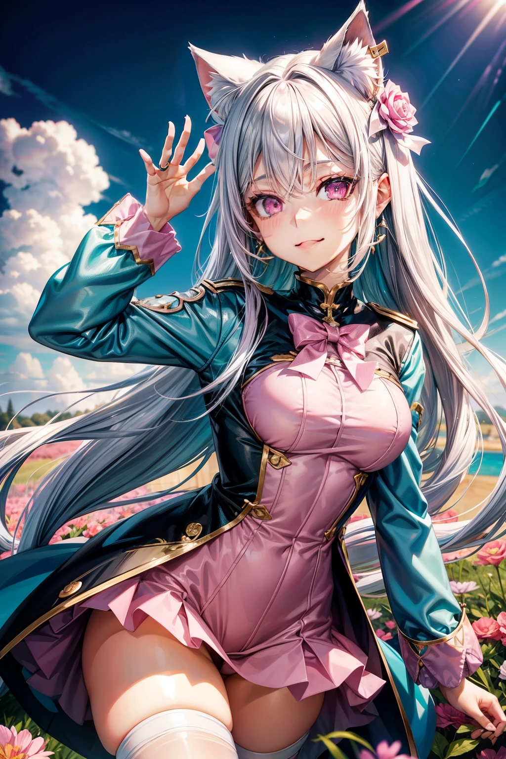 Silver hair, pink eyes, body, cat ears, adult girl, earrings, flower sky background, teal pink gold uniform, hair bows, happy face, thigh up, looking at viewer
