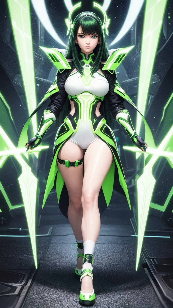 masterpiece, highest quality, (solo focus), (perfect face:1.1), (full body), (high detail:1.1), (hyper detailed eyes), dramatic, a woman with paleskin and long dark green hair, bright green eyes, solo, arrogant expression, neon cybernetic outfit, white background, art by artgerm, cinematic lighting, fashion, BalenciagaStyle