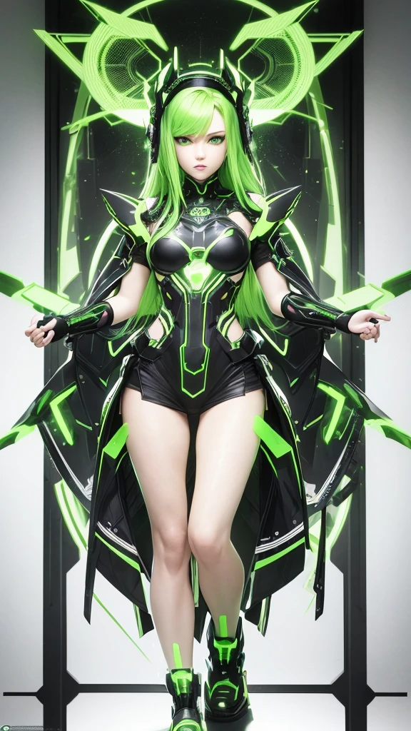 masterpiece, highest quality, (solo focus), (perfect face:1.1), (full body), (high detail:1.1), (hyper detailed eyes), dramatic, a woman with paleskin and long dark green hair, bright green eyes, solo, arrogant expression, neon cybernetic outfit, white background, art by artgerm, cinematic lighting, fashion, BalenciagaStyle
