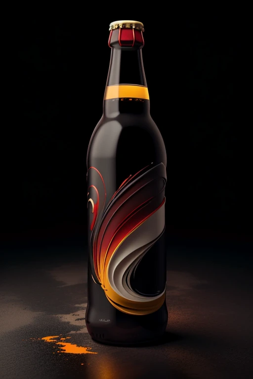 Create a highly detailed, hyper-realistic logo design that showcases a sleek, translucent soda bottle with a vibrant red and yellow label. The label, painted in striking brushstrokes, elegantly wraps around the contours of the bottle, highlighting its bold shape. The bottle is set against a moody, neutral background, casting a soft, subtle shadow that enhances its three-dimensional appeal. The label, reminiscent of a classic sunset, features a stylized, sun-kissed silhouette, adding a dynamic and captivating element to the design. The overall effect is a striking, high-resolution, 8K image that will surely stand out,