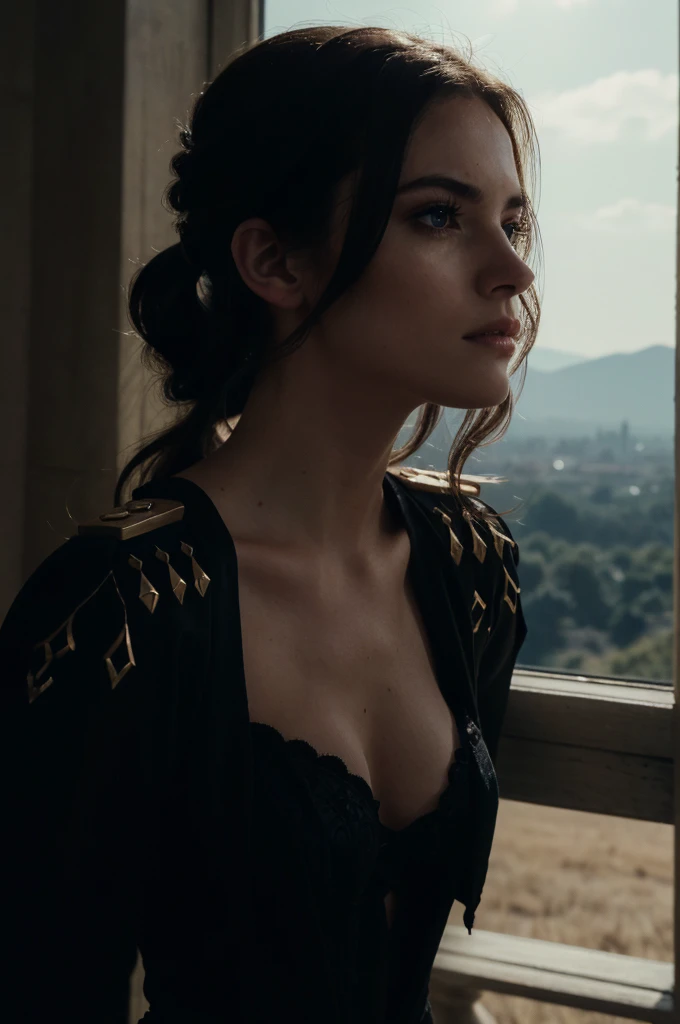 A adult girl in realistic portrait of high quality and detail, Clorinde (Genshin Impact), 2000's movie style, french girl, full-length, dark and mysterious atmosphere, pale skin, glow, eye shadow, 1girl, thriller fantasy, Depth & Perspective, sadness on her face, ponytail purple hair, purple eyes, Mystical powers, fine face, standing on a hill, outside, the royal palace of the 19th century on the background, blue sky, white cloud, looking at viewer, (ultra-high detail:1.2), Masterpiece, Best Quality, Ultra-detailed, Cinematic lighting, 8K, delicate features, cinematic, 35 mm lens, f/1.9, highlight lighting, global lighting –uplight –v 4, cinematic, intense gaze, Cinematic lighting, 8K, high quality, Highest Quality, (Solo Focus), (extremly intricate:1.3), (Realistic), dramatic, masterful, Analog style, (Film grain:1.5), (warm hue, cold tone), a close up of a person surrounded, destruction behind back