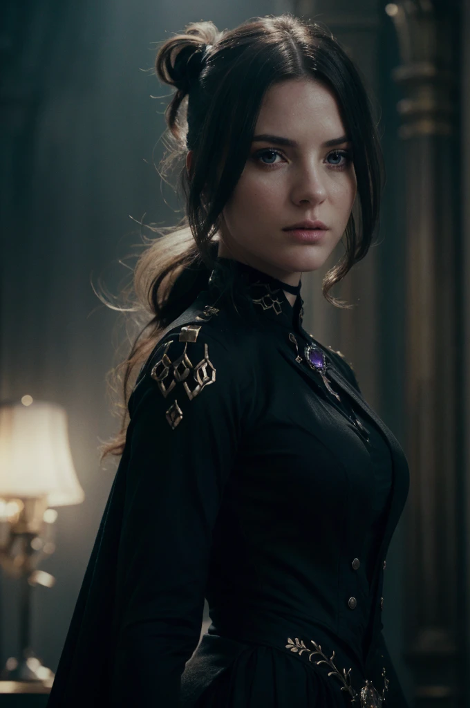 A adult girl in realistic portrait of high quality and detail, Clorinde (Genshin Impact), 2000's movie style, french girl, full-length, dark and mysterious atmosphere, pale skin, glow, eye shadow, 1girl, thriller fantasy, Depth & Perspective, sadness on her face, ponytail purple hair, purple eyes, Mystical powers, fine face, standing on a hill, outside, the royal palace of the 19th century on the background, blue sky, white cloud, looking at viewer, (ultra-high detail:1.2), Masterpiece, Best Quality, Ultra-detailed, Cinematic lighting, 8K, delicate features, cinematic, 35 mm lens, f/1.9, highlight lighting, global lighting –uplight –v 4, cinematic, intense gaze, Cinematic lighting, 8K, high quality, Highest Quality, (Solo Focus), (extremly intricate:1.3), (Realistic), dramatic, masterful, Analog style, (Film grain:1.5), (warm hue, cold tone), a close up of a person surrounded, destruction behind back