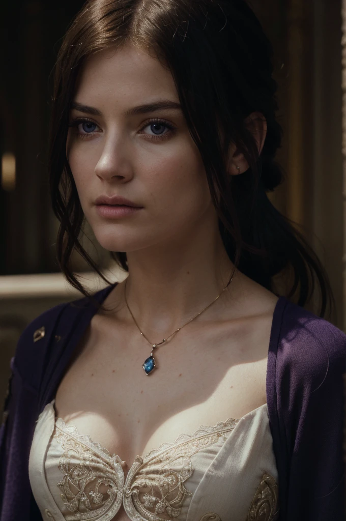 A adult girl in realistic portrait of high quality and detail, Clorinde (Genshin Impact), 2000's movie style, french girl, full-length, dark and mysterious atmosphere, pale skin, glow, eye shadow, 1girl, thriller fantasy, Depth & Perspective, sadness on her face, ponytail purple hair, purple eyes, Mystical powers, fine face, standing on a hill, outside, the royal palace of the 19th century on the background, blue sky, white cloud, looking at viewer, (ultra-high detail:1.2), Masterpiece, Best Quality, Ultra-detailed, Cinematic lighting, 8K, delicate features, cinematic, 35 mm lens, f/1.9, highlight lighting, global lighting –uplight –v 4, cinematic, intense gaze, Cinematic lighting, 8K, high quality, Highest Quality, (Solo Focus), (extremly intricate:1.3), (Realistic), dramatic, masterful, Analog style, (Film grain:1.5), (warm hue, cold tone), a close up of a person surrounded, destruction behind back