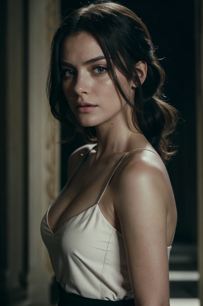 A adult girl in realistic portrait of high quality and detail, Clorinde (Genshin Impact), 2000's movie style, french girl, full-length, dark and mysterious atmosphere, pale skin, glow, eye shadow, 1girl, thriller fantasy, Depth & Perspective, sadness on her face, ponytail purple hair, purple eyes, Mystical powers, fine face, standing on a hill, outside, the royal palace of the 19th century on the background, blue sky, white cloud, looking at viewer, (ultra-high detail:1.2), Masterpiece, Best Quality, Ultra-detailed, Cinematic lighting, 8K, delicate features, cinematic, 35 mm lens, f/1.9, highlight lighting, global lighting –uplight –v 4, cinematic, intense gaze, Cinematic lighting, 8K, high quality, Highest Quality, (Solo Focus), (extremly intricate:1.3), (Realistic), dramatic, masterful, Analog style, (Film grain:1.5), (warm hue, cold tone), a close up of a person surrounded, destruction behind back