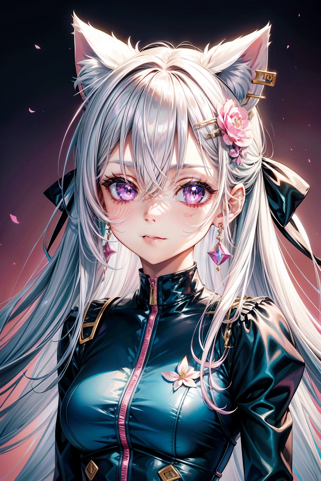 Silver hair, pink eyes, body, cat ears, adult girl, earrings, flower sky background, teal pink gold uniform, hair bows, happy face, thigh up, looking at viewer
