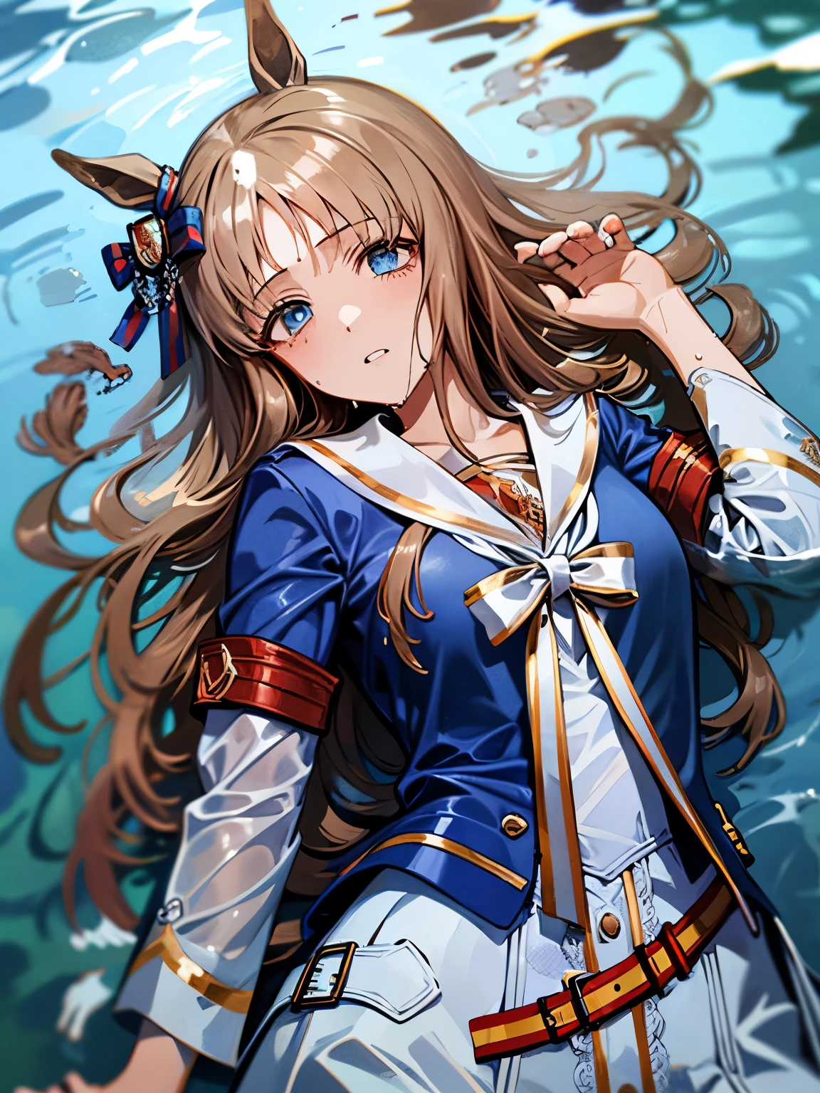 grass wonder \(Umamusume\), 1 girl, Solo, Best Quality, masutepiece, 8K, High resolution, Ultra-detailed, lying, on back, (((submarged in water))), Blue jacket, White sailor color, Long sleeves, White skirt, ((wet hair, wet clothes,))