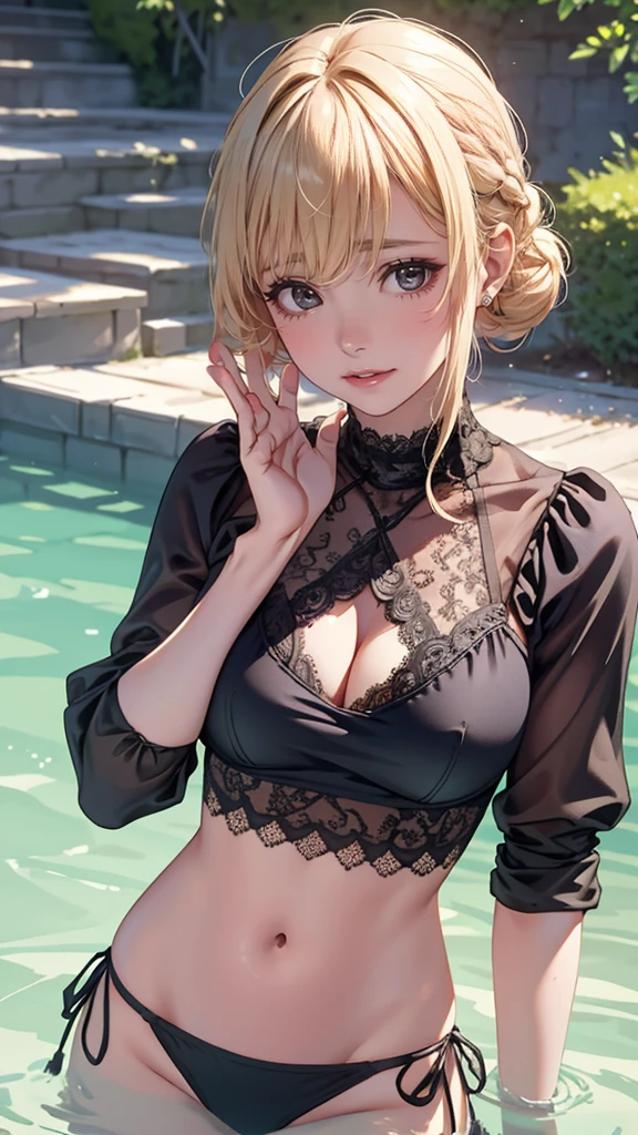 (fellatio gesture),(floating in water),(soaked),baggy t-shirt,(see through),lace swimsuit,(Thin type:1.5),(large breasts),(random hairstyle:1.2),(Highest image quality, (8K), Ultra-realistic, Best Quality, High quality, High Definition, high quality texture, high detailing, Beautiful detailed, fine detailed, extremely details CG, Detailed texture, realistic representation of face, masterpiece, presence)