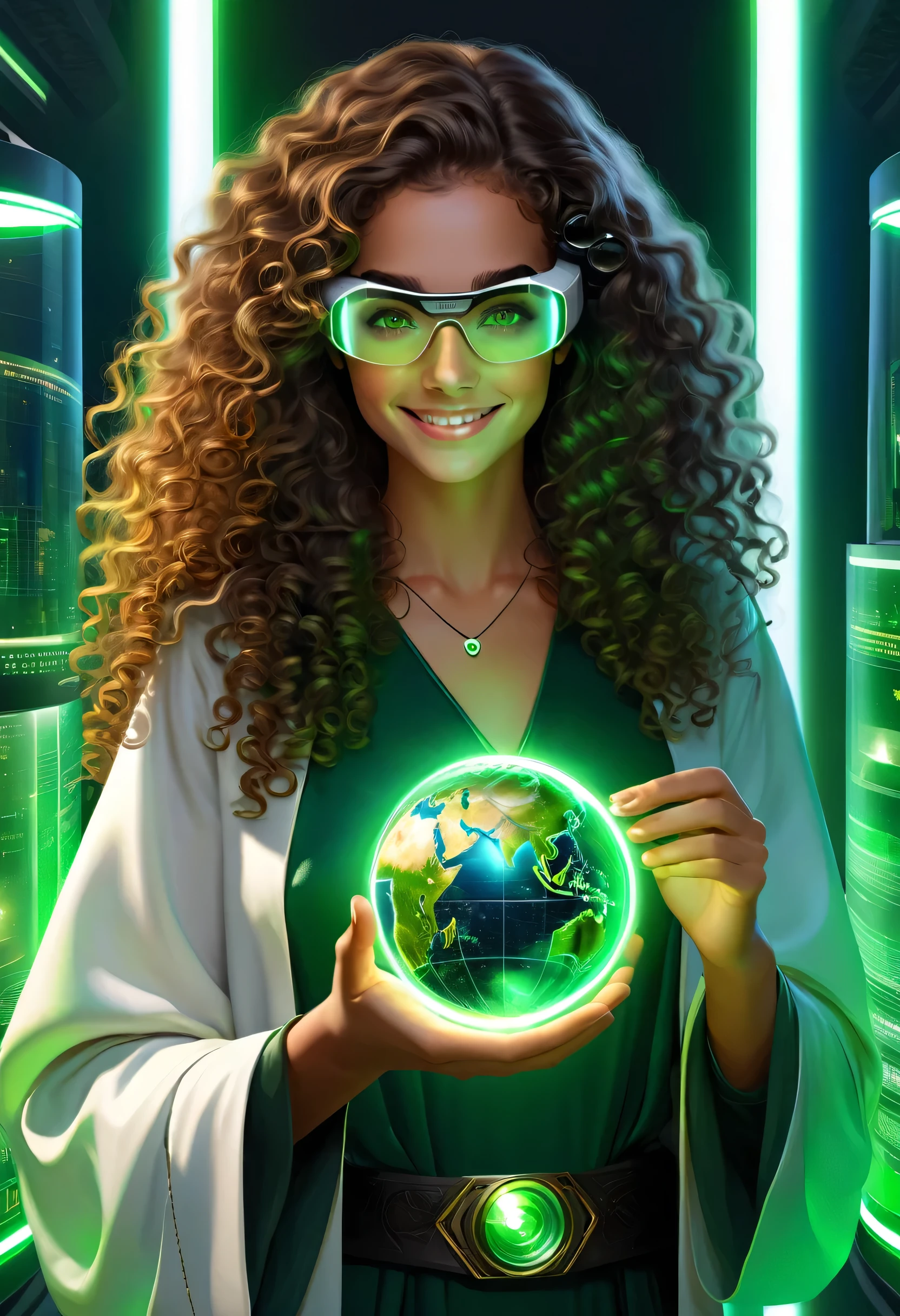 gemtech , Science-Fiction, internal reflections , transparent, inner details , Scholars , scroll, 1 girl,long hair, curly hair, glowing green eyes, smile ,closed mouth, fire von hair hair, hold a globe , green eyes, holding virtual glasses as like VR , showing us the innosoft future, this girl is Enginneer trying to change the future, she is a super woman